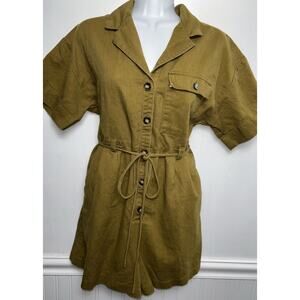 Madewell Womens XS Short Romper S/S Army Green Tie Waist Button Collar Safari